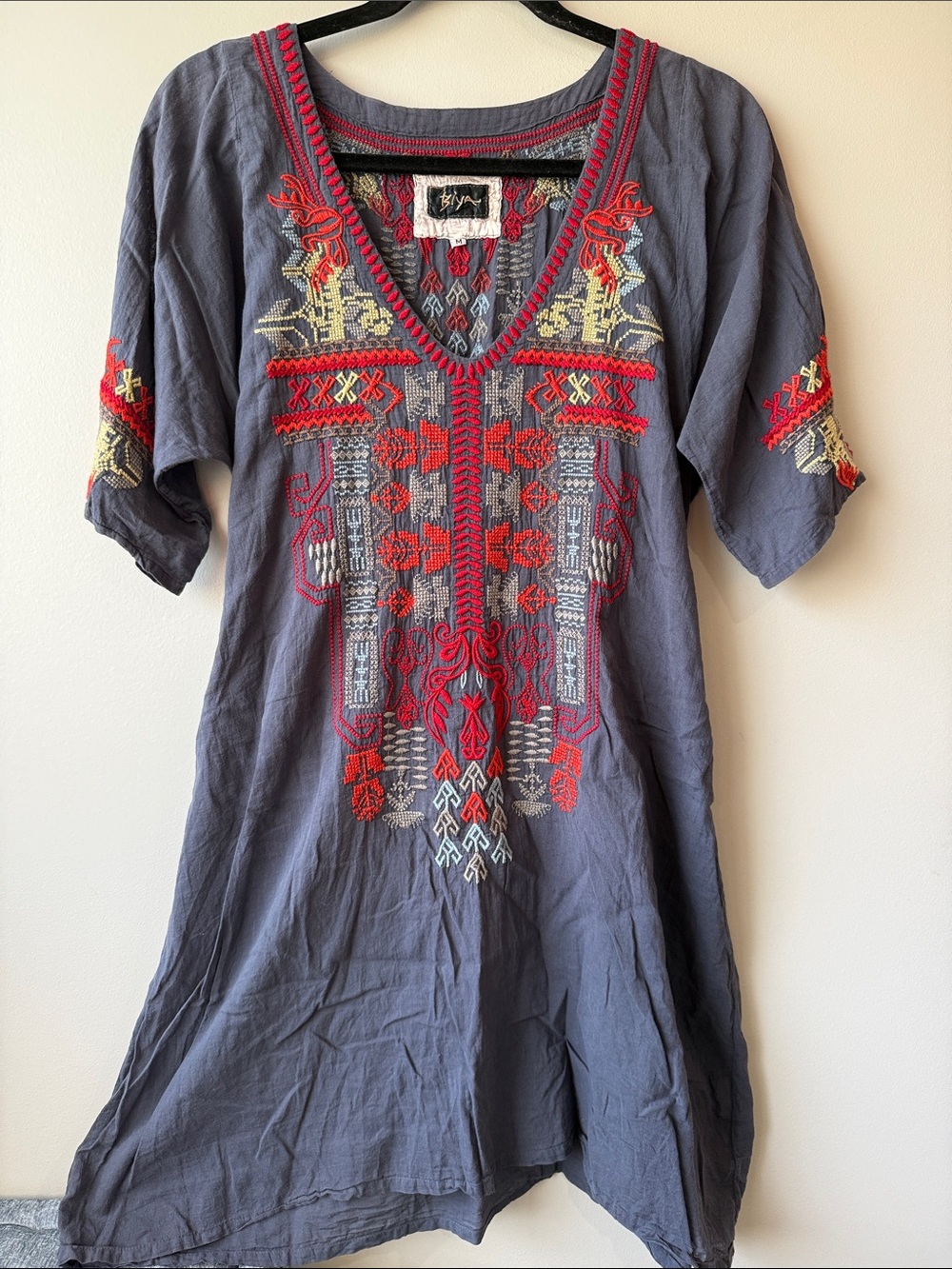Johnny Was Biya Boho Embroidered V-Neck dress in Slate Gray with Red Accents